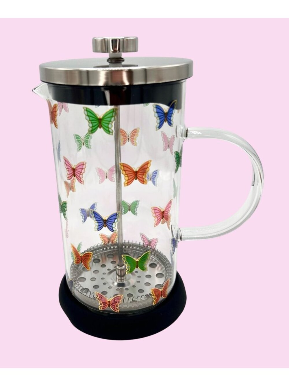 NWT COLORFUL BUTTERFLY GLASS FRENCH PRESS COFFEE MAKER STAINLESS LID/PLUNGER